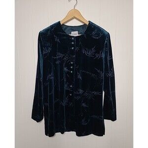 Vintage R M Richards by Karen Kwong Velvet Top Womens 16 Teal Blue Embroidered